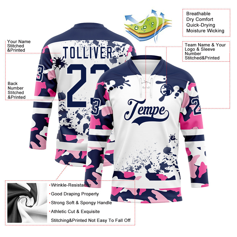 Custom Camo Navy-White Splash Hockey Lace Neck Jersey