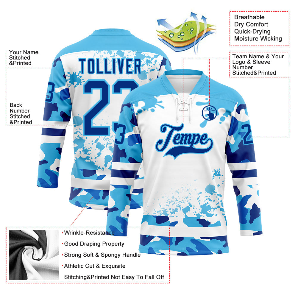 Custom Camo Royal Sky Blue-White Splash Hockey Lace Neck Jersey