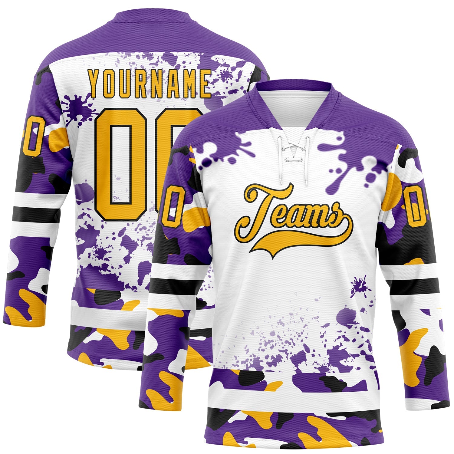 Custom Camo Gold Purple Black-White Splash Hockey Lace Neck Jersey