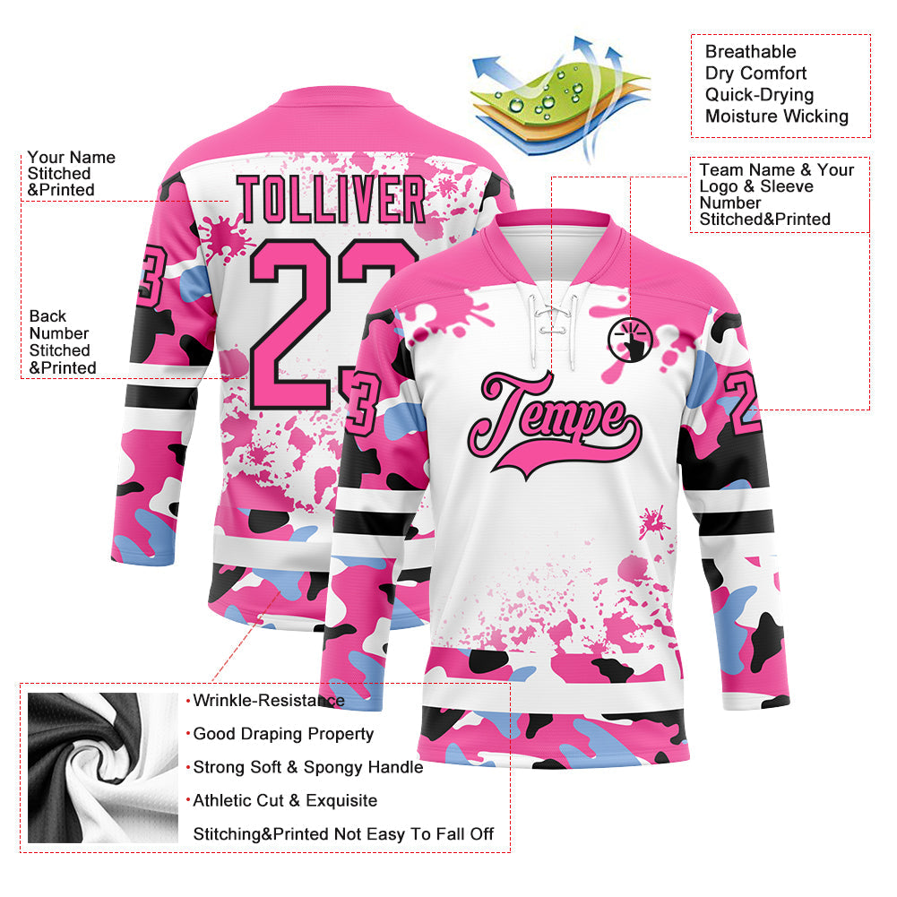 Custom Camo Pink Black-White Splash Hockey Lace Neck Jersey