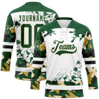Custom Camo Green Black Cream-White Splash Hockey Lace Neck Jersey