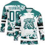 Custom Camo Teal Black-White Splash Hockey Lace Neck Jersey