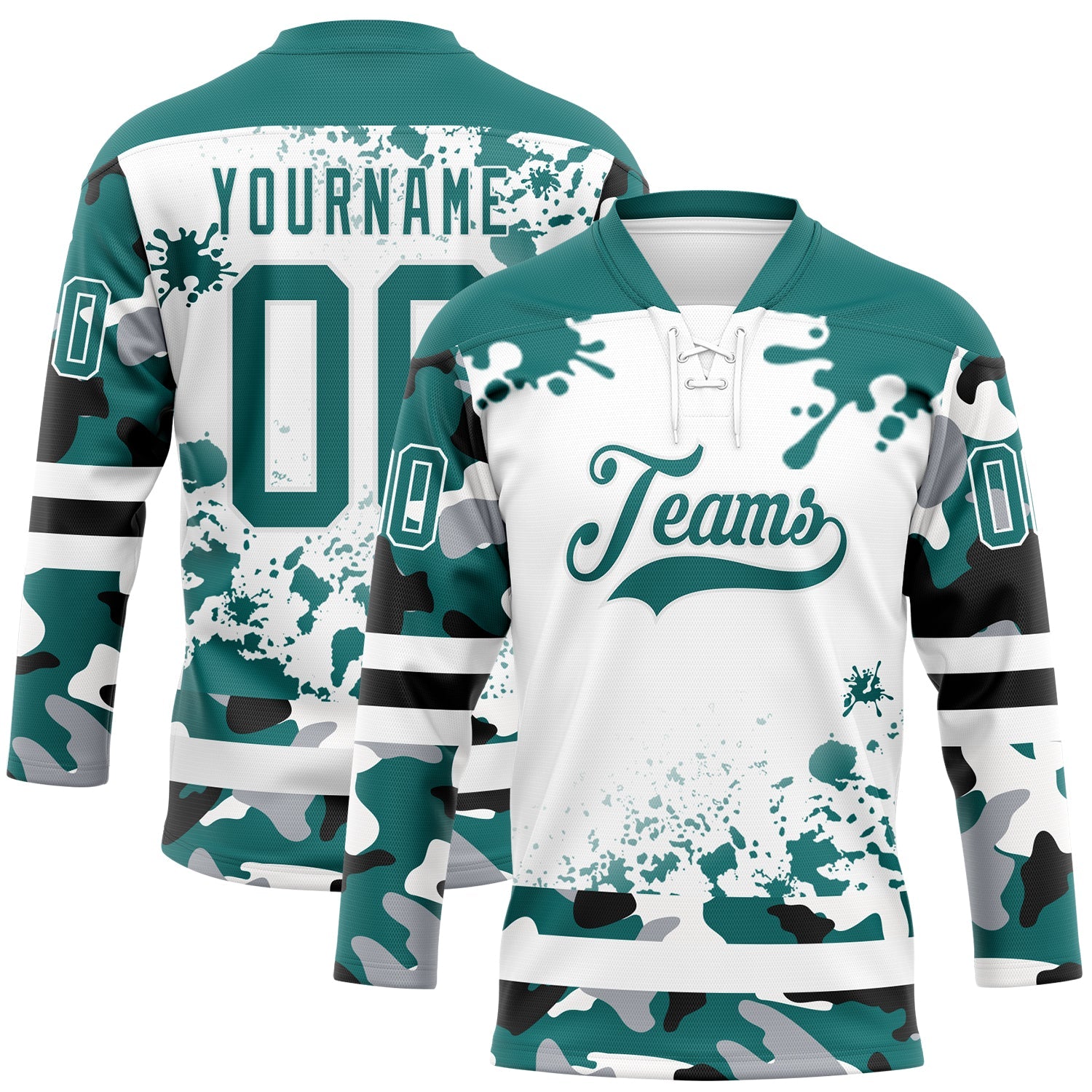 Custom Camo Teal Black-White Splash Hockey Lace Neck Jersey