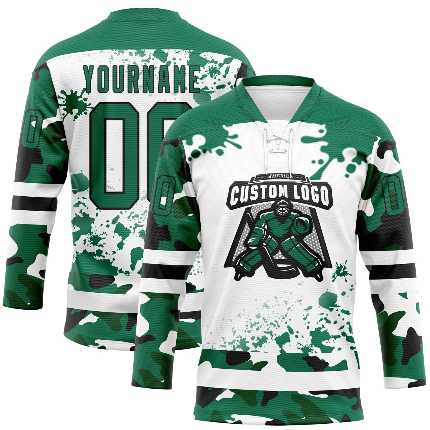 Custom Camo Kelly Green Black-White Splash Hockey Lace Neck Jersey