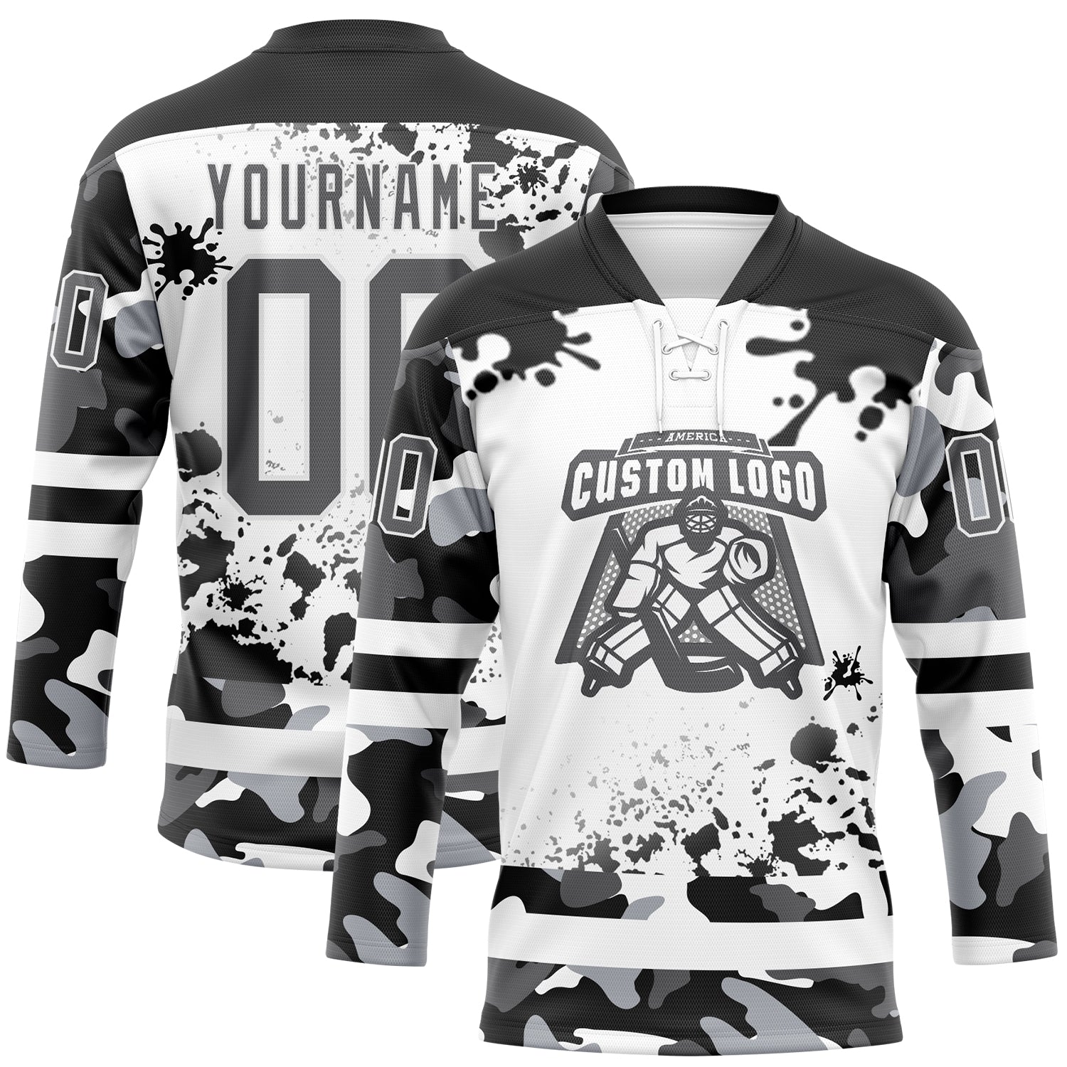 Custom Camo Steel Gray Black-White Splash Hockey Lace Neck Jersey