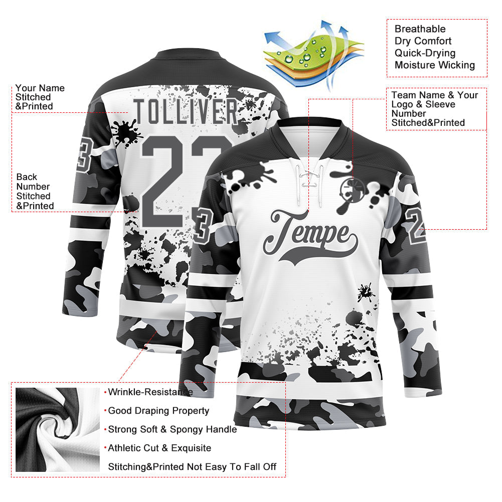 Custom Camo Steel Gray Black-White Splash Hockey Lace Neck Jersey