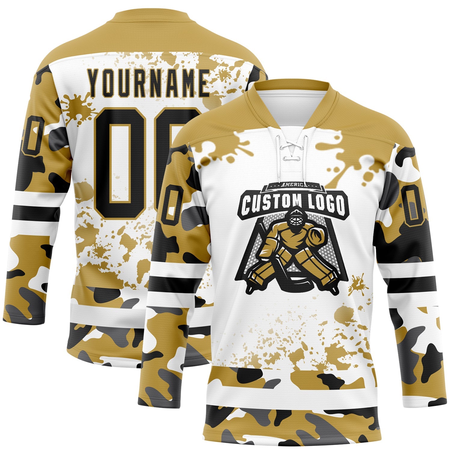 Custom Camo Black Old Gold-White Splash Hockey Lace Neck Jersey