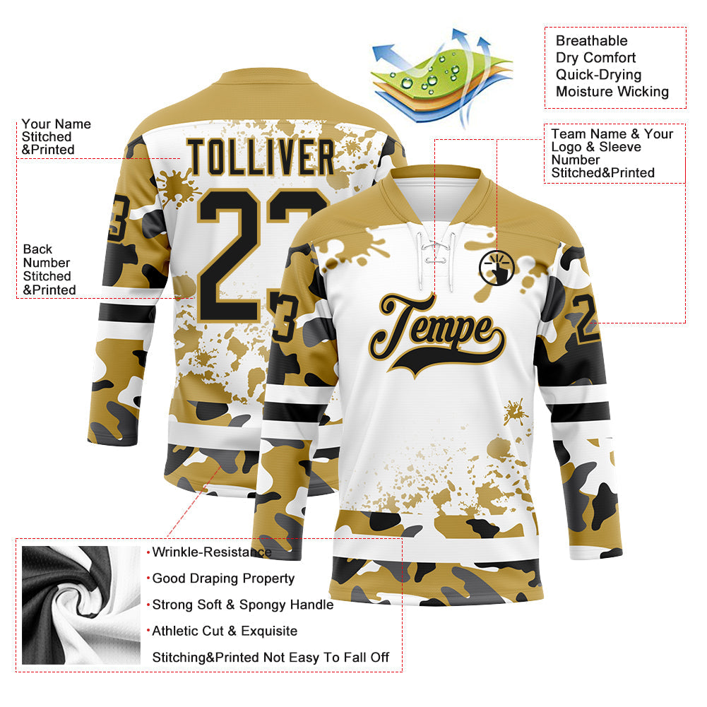 Custom Camo Black Old Gold-White Splash Hockey Lace Neck Jersey