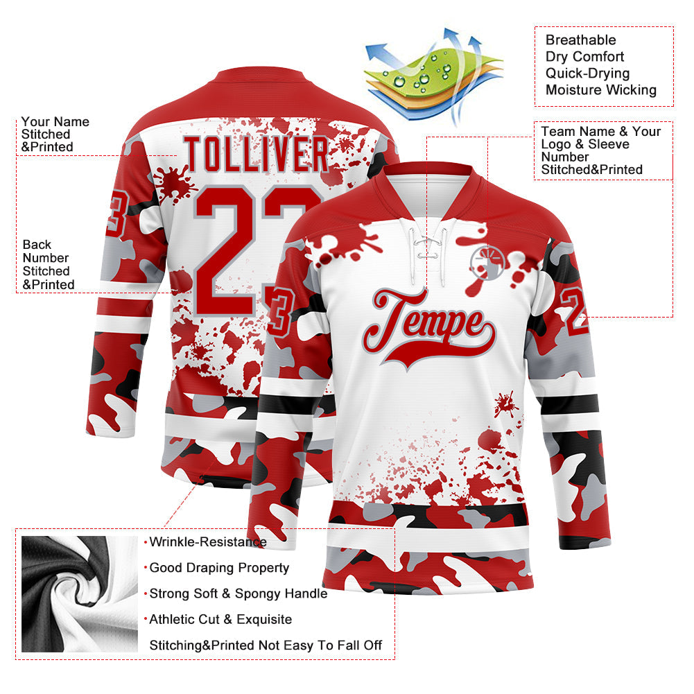 Custom Camo Red Black Gray-White Splash Hockey Lace Neck Jersey