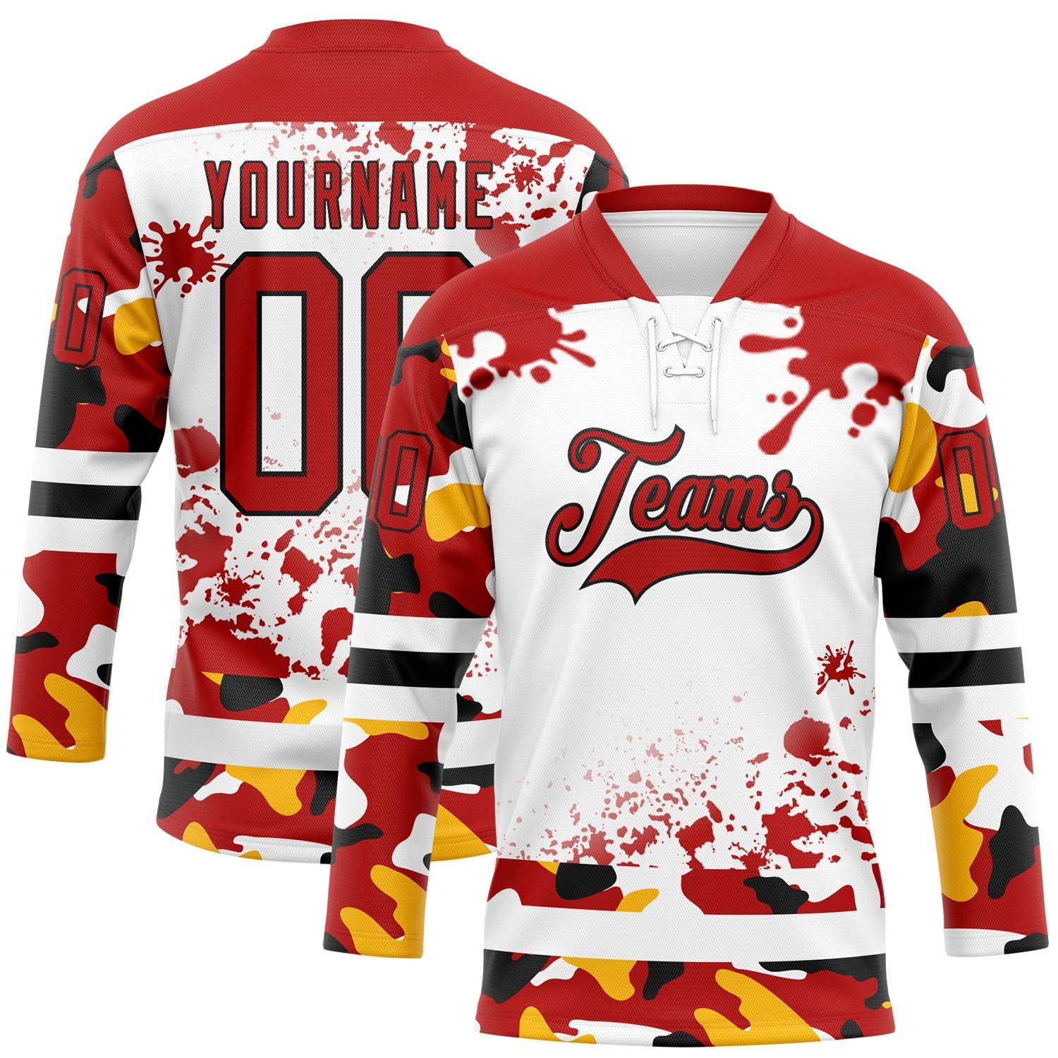 Custom Camo Red Black-White Splash Hockey Lace Neck Jersey