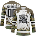 Custom Camo Black Olive Gray-White Splash Hockey Lace Neck Jersey