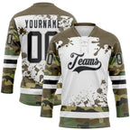 Custom Camo Black Olive Gray-White Splash Hockey Lace Neck Jersey