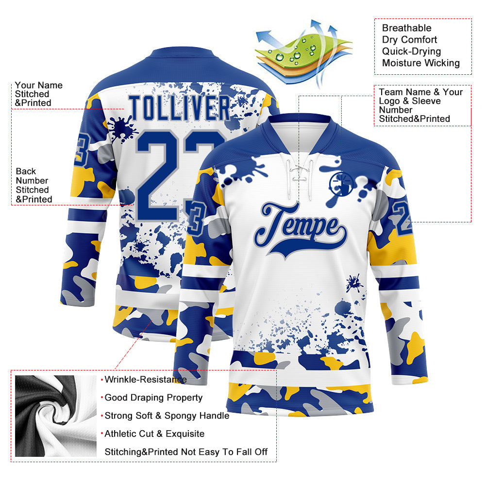 Custom Camo Royal Gray-White Splash Hockey Lace Neck Jersey