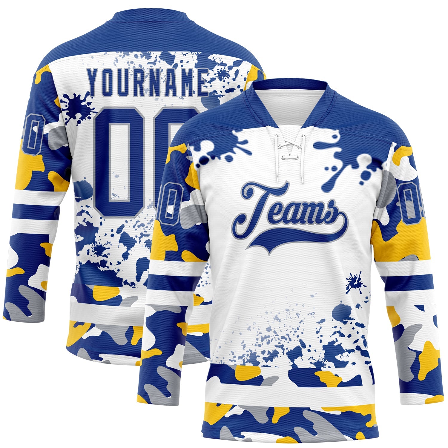 Custom Camo Royal Gray-White Splash Hockey Lace Neck Jersey