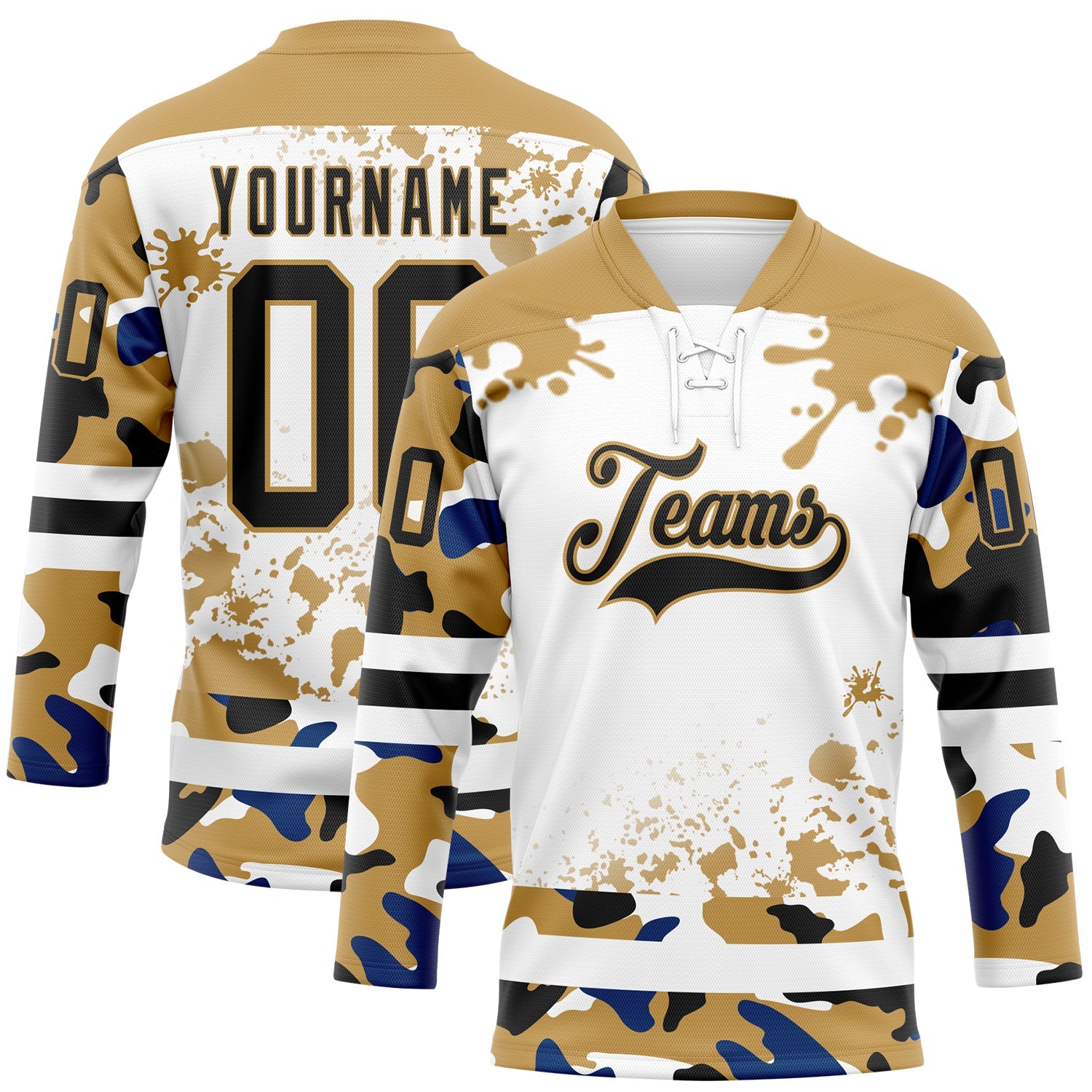 Custom Camo Black Old Gold-White Splash Hockey Lace Neck Jersey