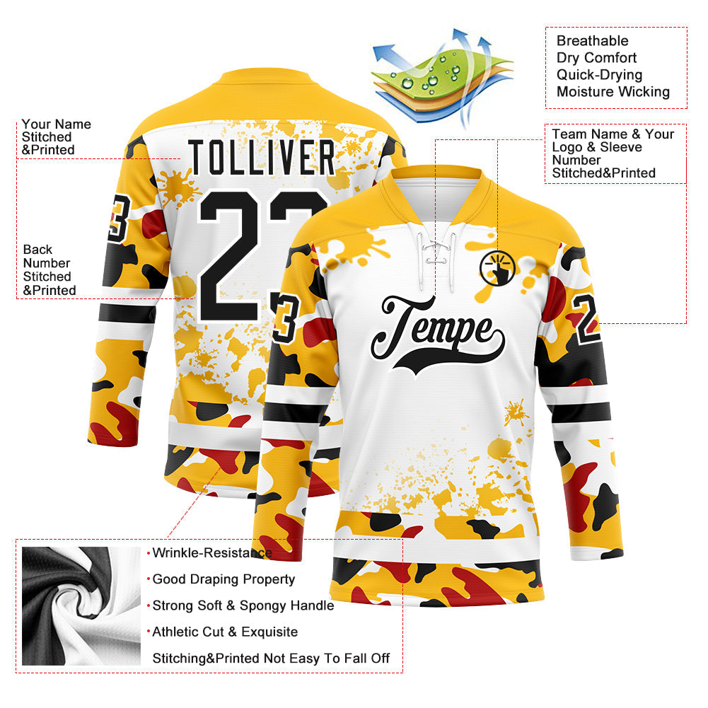 Custom Camo Black Gold-White Splash Hockey Lace Neck Jersey