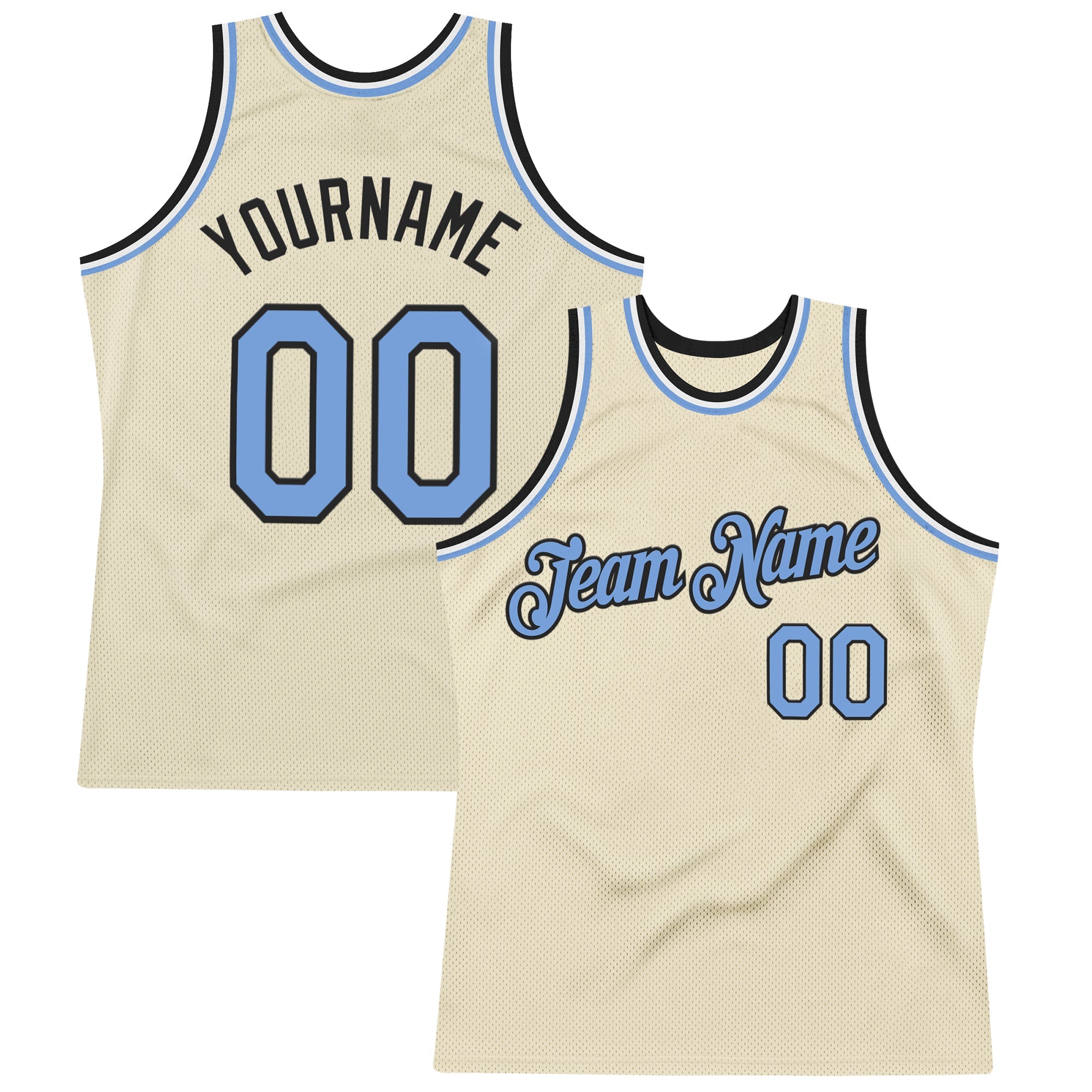 Custom Cream Light Blue Black-White Authentic Throwback Basketball Jersey