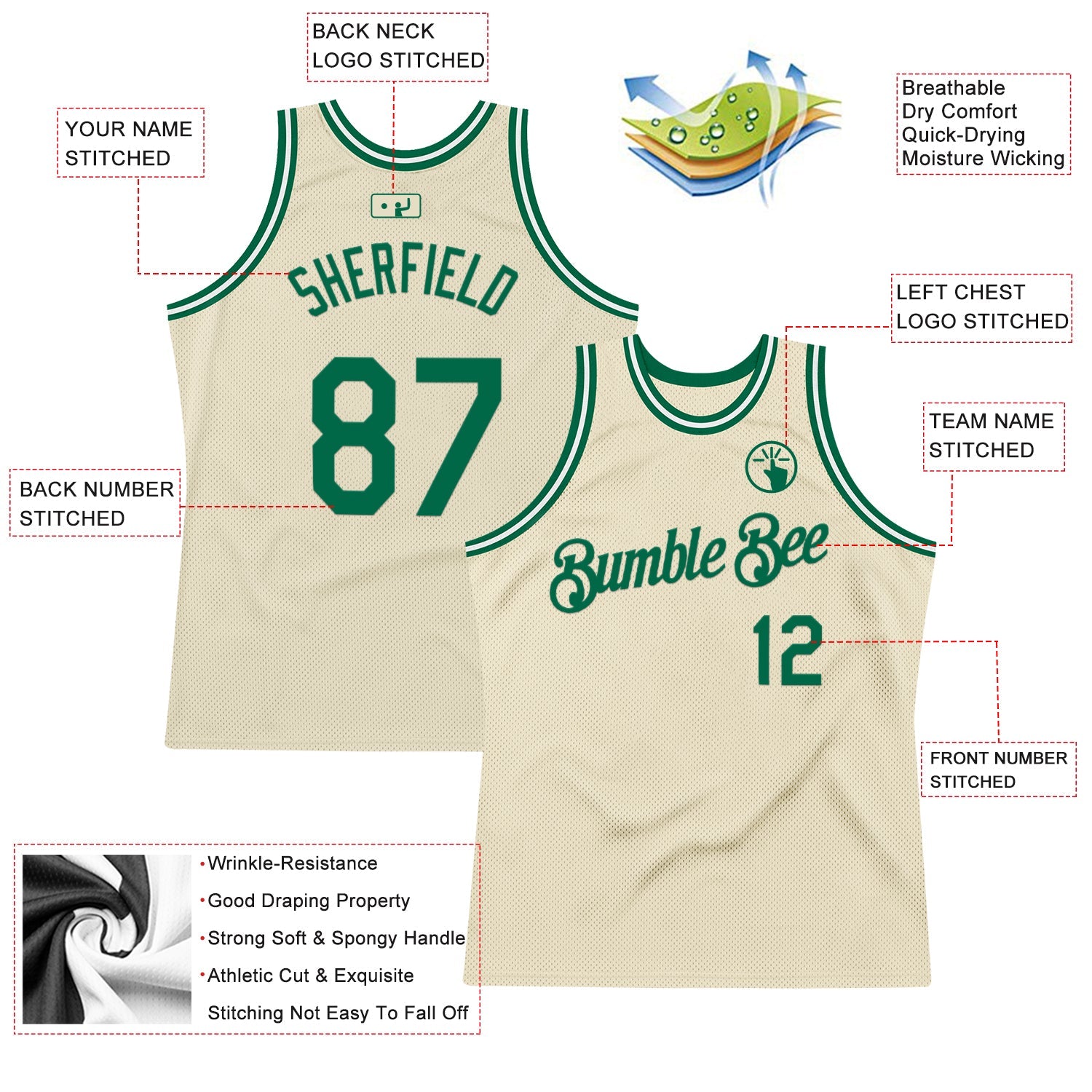 Custom Cream Kelly Green-White Authentic Throwback Basketball Jersey