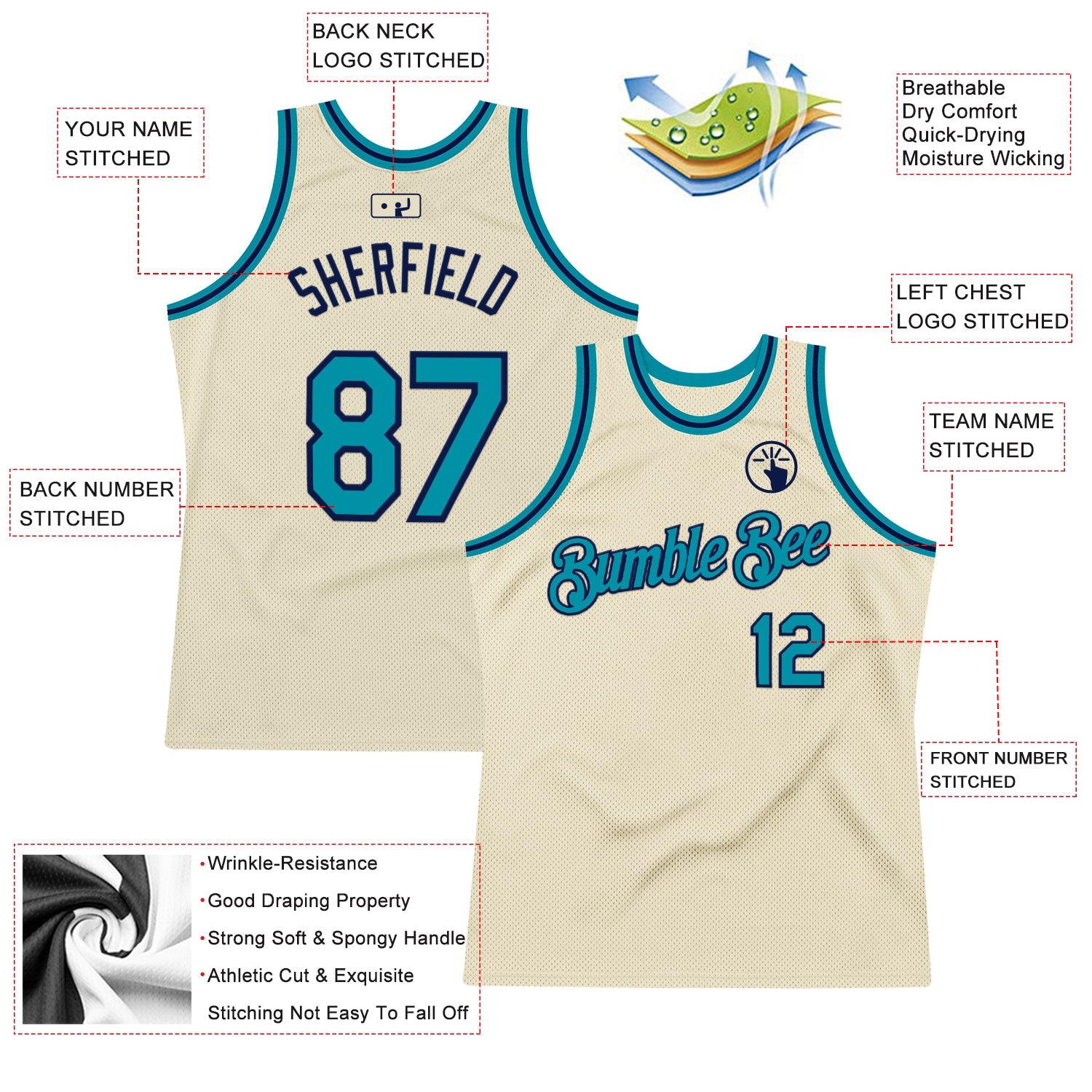 Custom Cream Teal-Navy Authentic Throwback Basketball Jersey