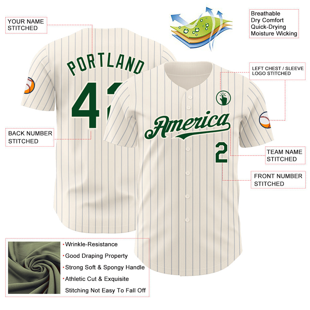 Custom Cream Gray Pinstripe Green Authentic Baseball Jersey