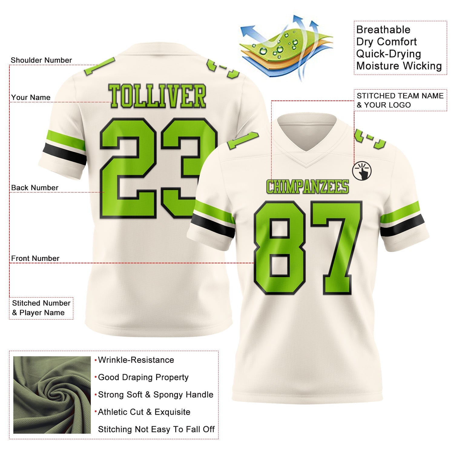 Custom Cream Neon Green-Black Authentic Football Jersey