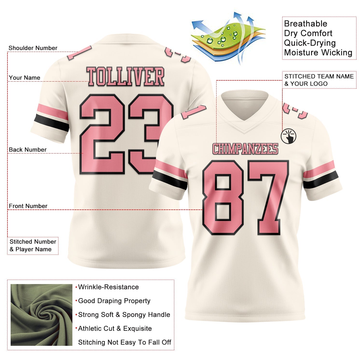 Custom Cream Medium Pink-Black Authentic Football Jersey
