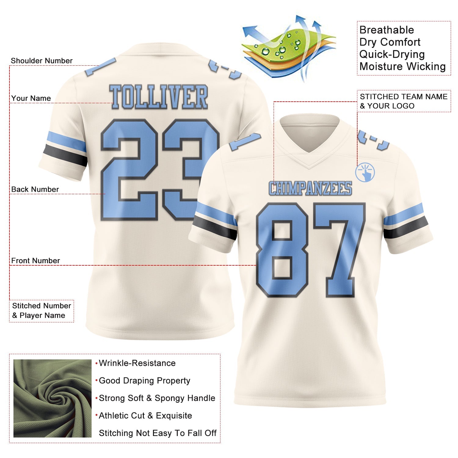 Custom Cream Light Blue-Steel Gray Authentic Football Jersey
