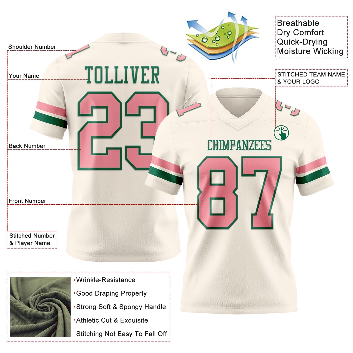 Custom Cream Medium Pink-Kelly Green Authentic Football Jersey