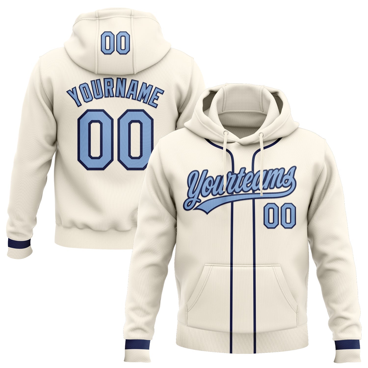 Custom Stitched Cream Light Blue-Navy Baseball Pullover Sweatshirt Hoodie