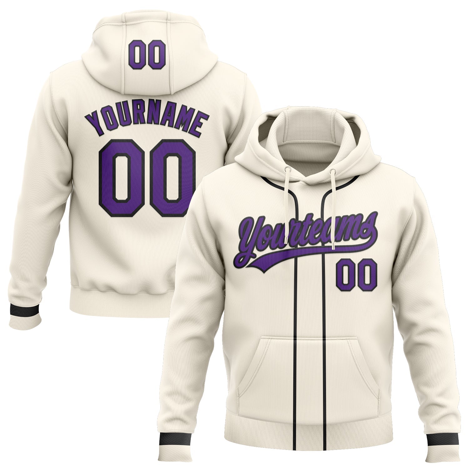 Custom Stitched Cream Purple-Black Baseball Pullover Sweatshirt Hoodie