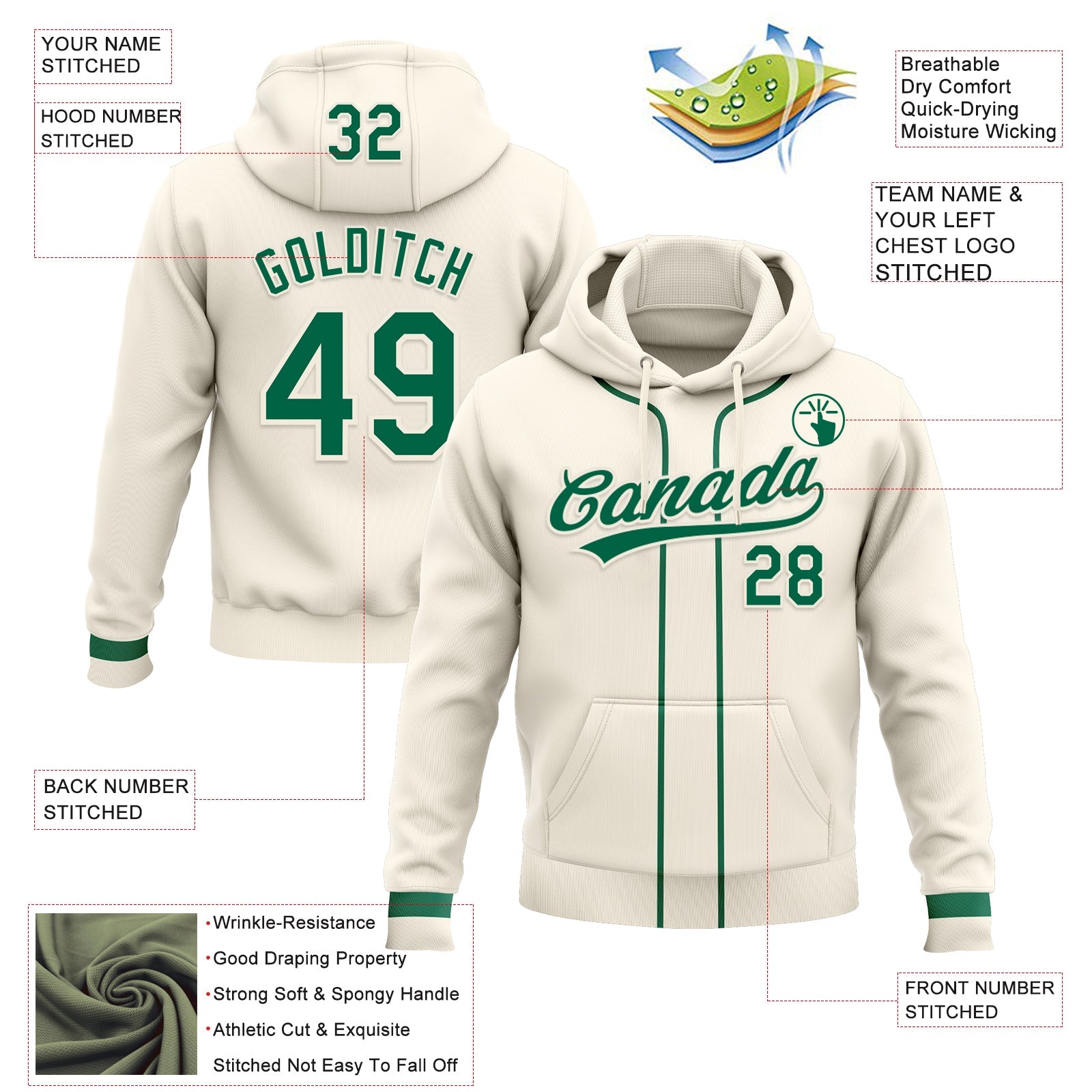 Custom Stitched Cream Kelly Green-Cream Baseball Pullover Sweatshirt Hoodie