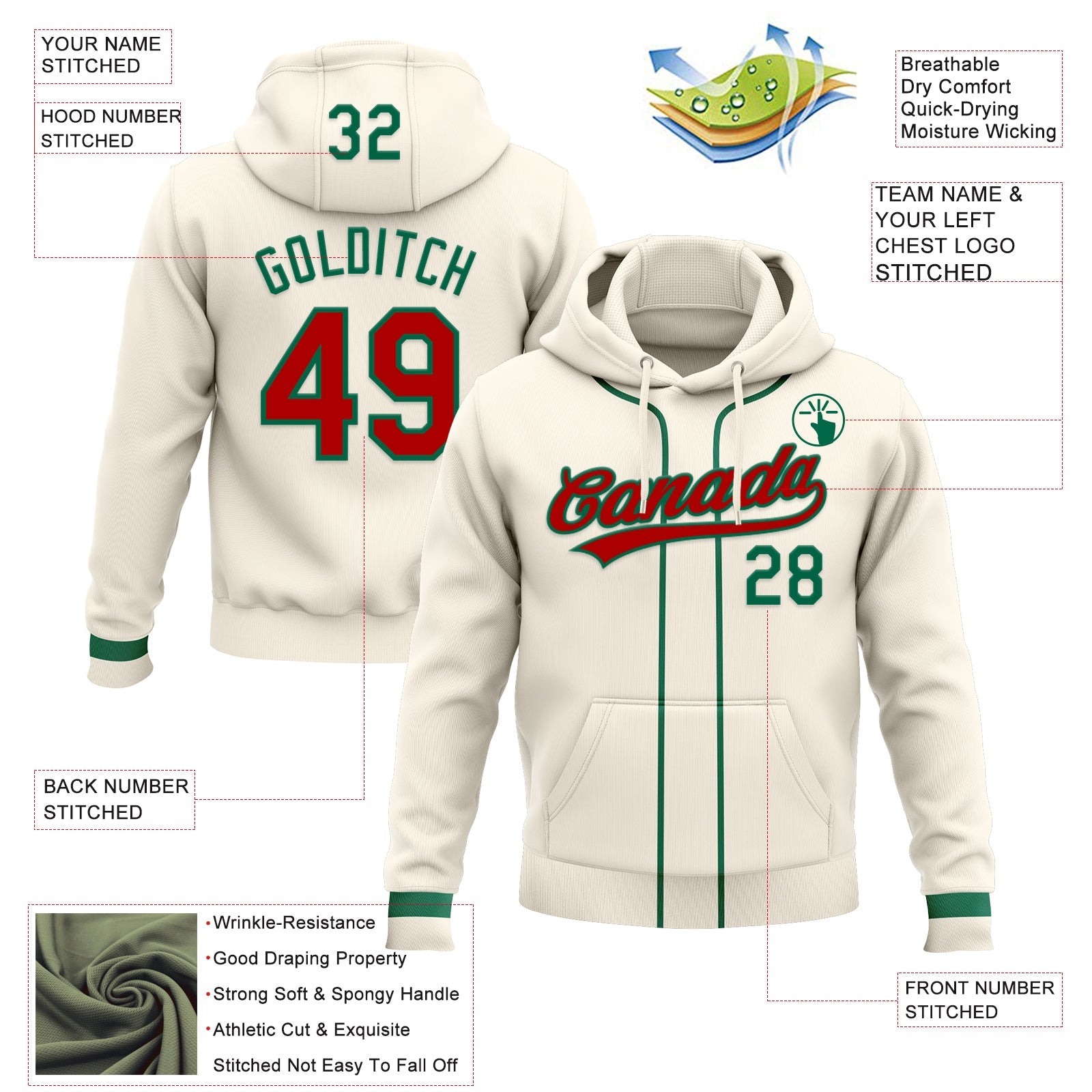 Custom Stitched Cream Red-Kelly Green Baseball Pullover Sweatshirt Hoodie