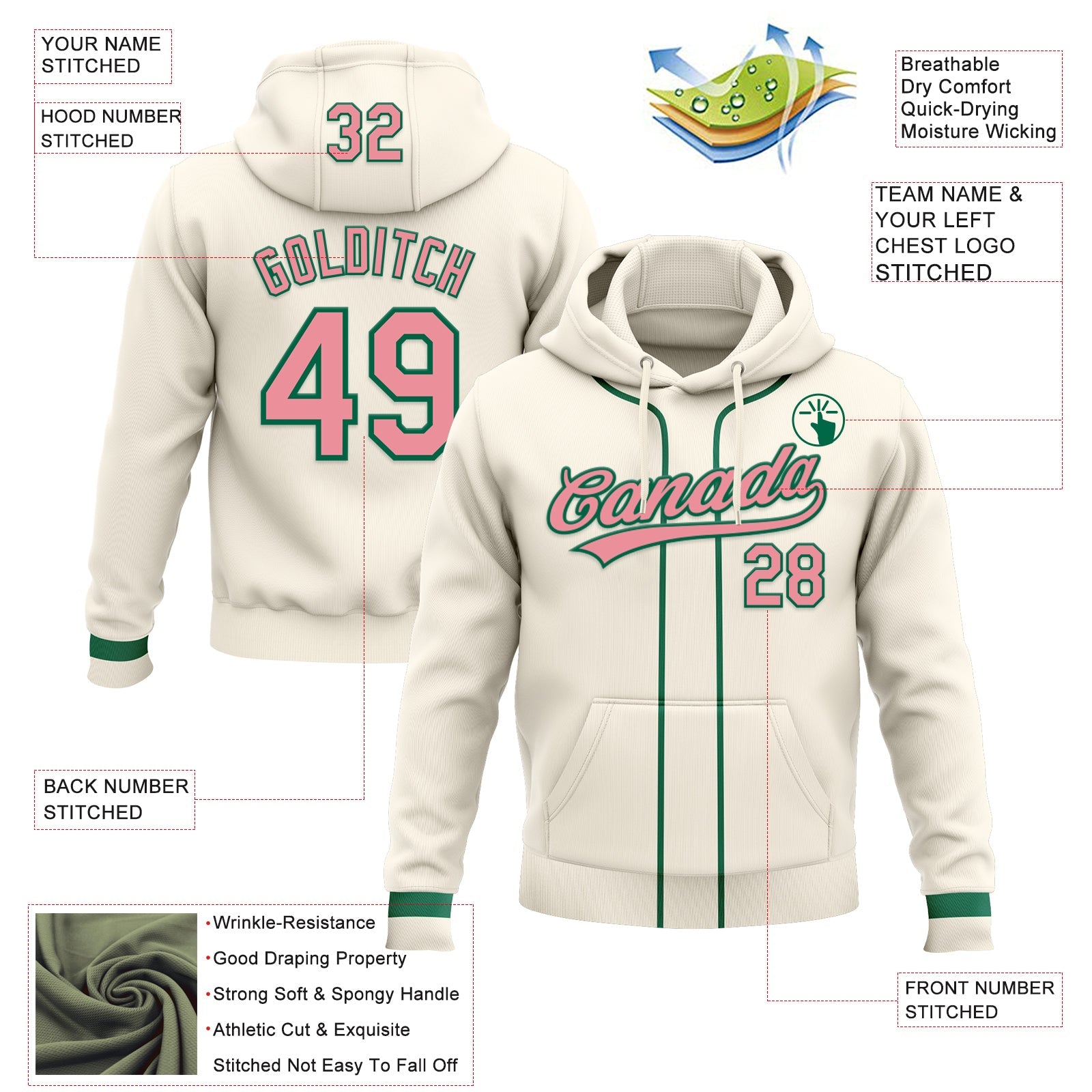 Custom Stitched Cream Medium Pink-Kelly Green Baseball Pullover Sweatshirt Hoodie