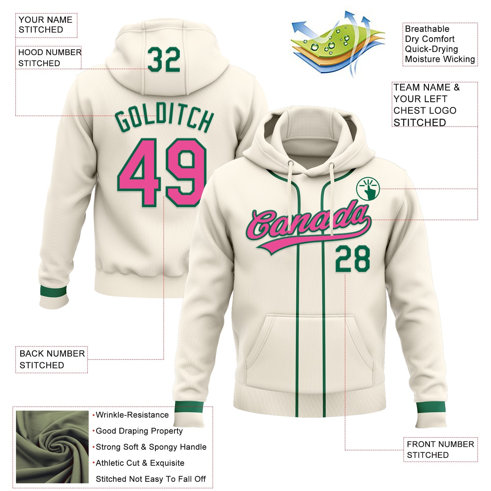 Custom Stitched Cream Pink-Kelly Green Baseball Pullover Sweatshirt Hoodie