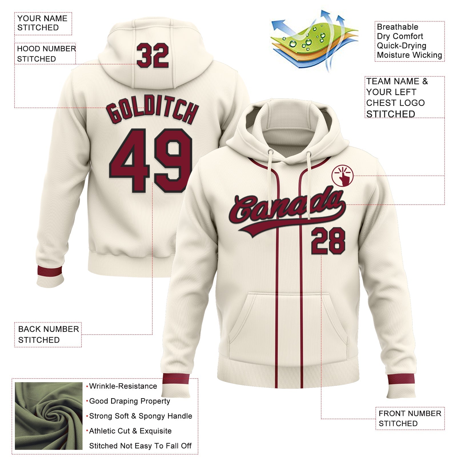 Custom Stitched Cream Crimson-Black Baseball Pullover Sweatshirt Hoodie