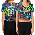 Custom Women's Graffiti Pattern White-Aqua Geometric 3D V-Neck Cropped Baseball Jersey