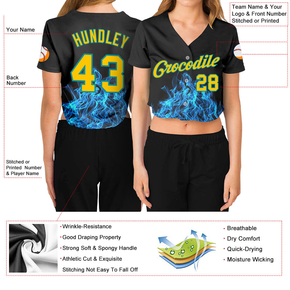 Custom Women's Black Gold-Aqua Flame 3D V-Neck Cropped Baseball Jersey