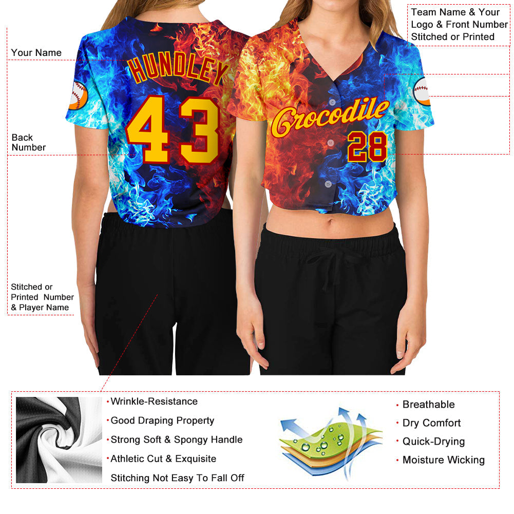 Custom Women's Red Gold Royal-Light Blue Flame 3D V-Neck Cropped Baseball Jersey