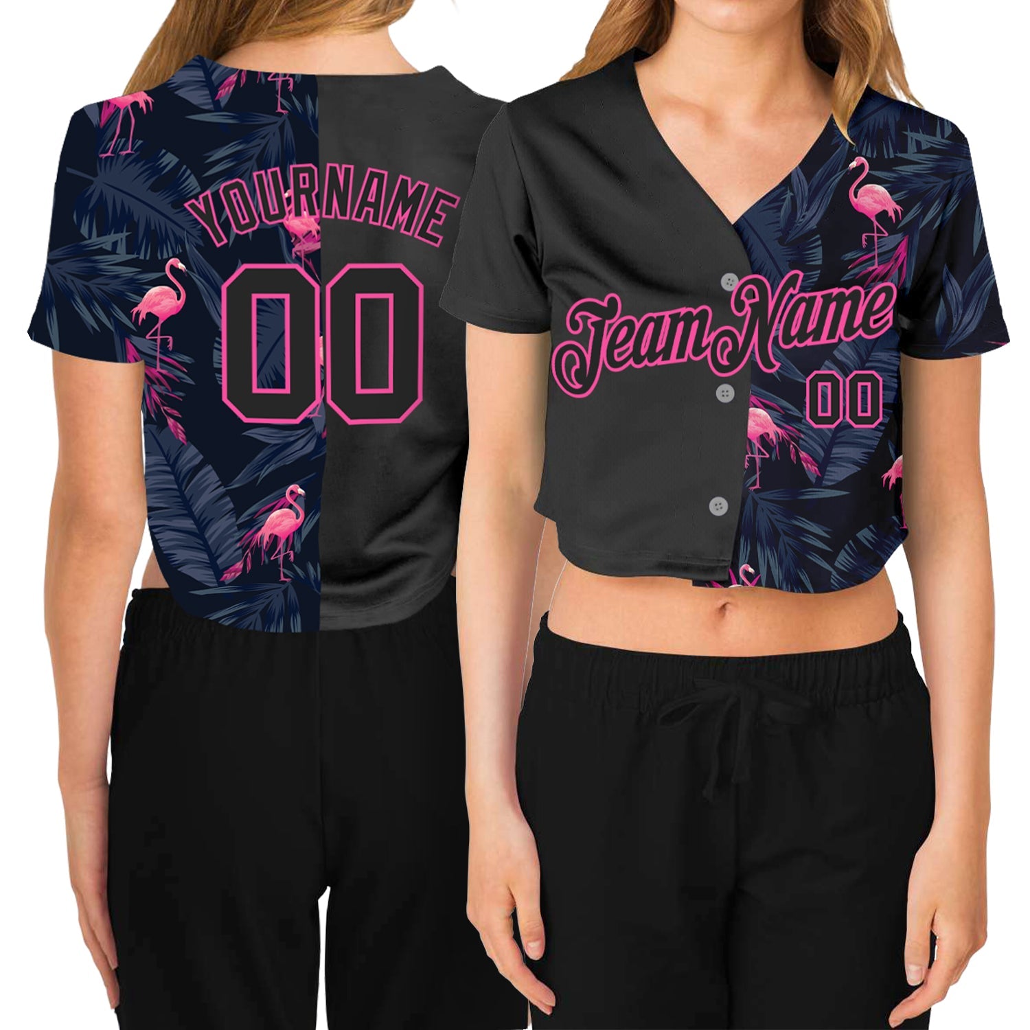 Custom Women's Black Black-Pink Flamingo 3D V-Neck Cropped Baseball Jersey