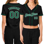 Custom Women's Black Kelly Green-White V-Neck Cropped Baseball Jersey