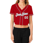 Custom Women's Red Green-White V-Neck Cropped Baseball Jersey