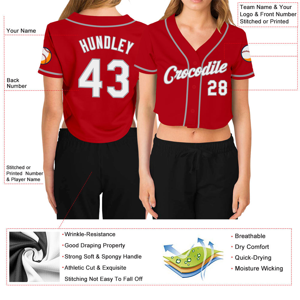 Custom Women's Red Green-White V-Neck Cropped Baseball Jersey