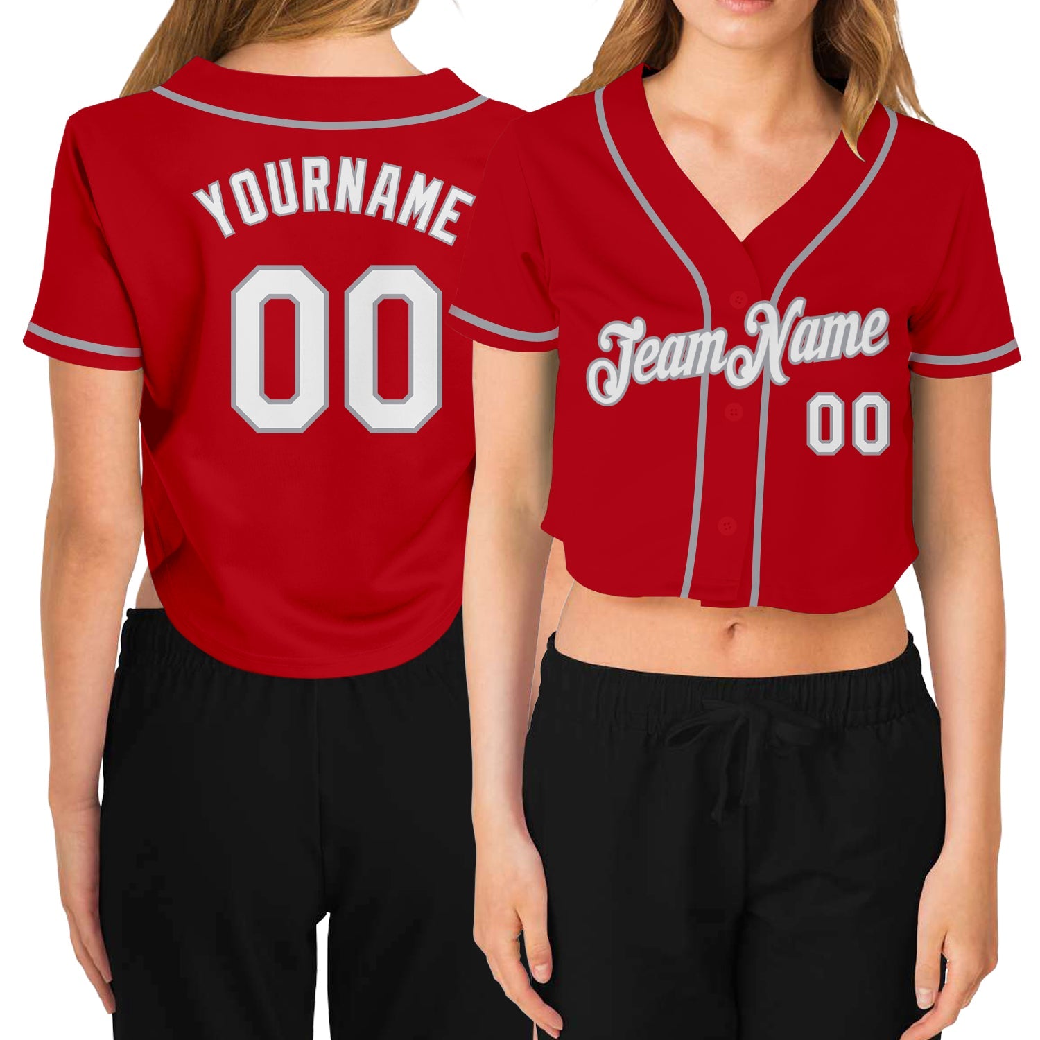 Custom Women's Red Green-White V-Neck Cropped Baseball Jersey
