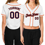 Custom Women's White Navy-Orange V-Neck Cropped Baseball Jersey