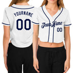 Custom Women's Navy Gray-Aqua V-Neck Cropped Baseball Jersey