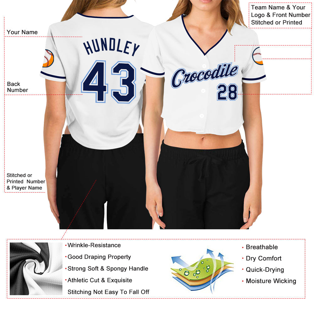 Custom Women's White Navy-Light Blue V-Neck Cropped Baseball Jersey