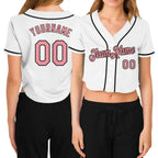 Custom Women's White Medium Pink-Black V-Neck Cropped Baseball Jersey