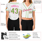 Custom Women's White Neon Green-Pink V-Neck Cropped Baseball Jersey