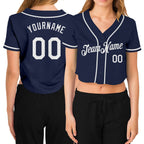 Custom Women's White Navy-Red V-Neck Cropped Baseball Jersey