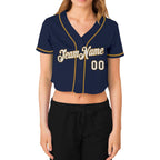 Custom Women's Navy Red-White V-Neck Cropped Baseball Jersey
